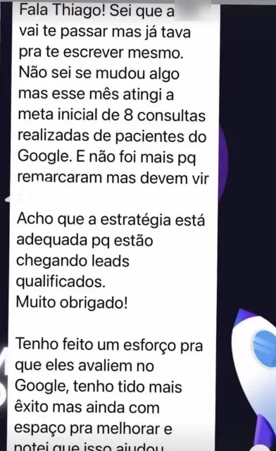 Print de conversa no WhatsApp: Meta de 8 consultas pelo Google