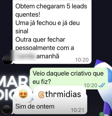 Print de conversa no WhatsApp: 5 leads quentes, 1 venda no mesmo dia