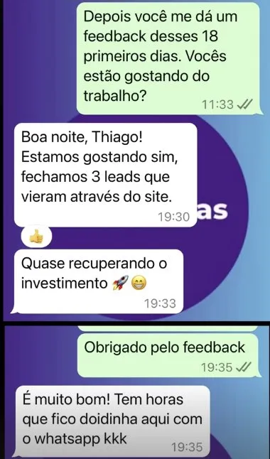 Print de conversa no WhatsApp: 3 vendas pelo site em 18 dias